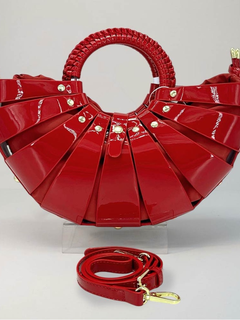 Red Glossy Structured Fan-Style Top Handle Bag